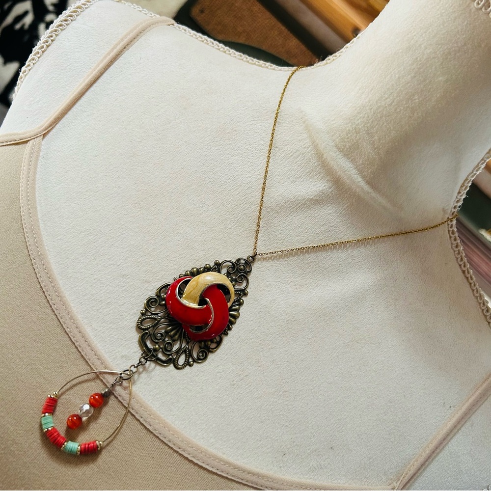 Handcrafted brass filigree dangle pendant on chain necklace